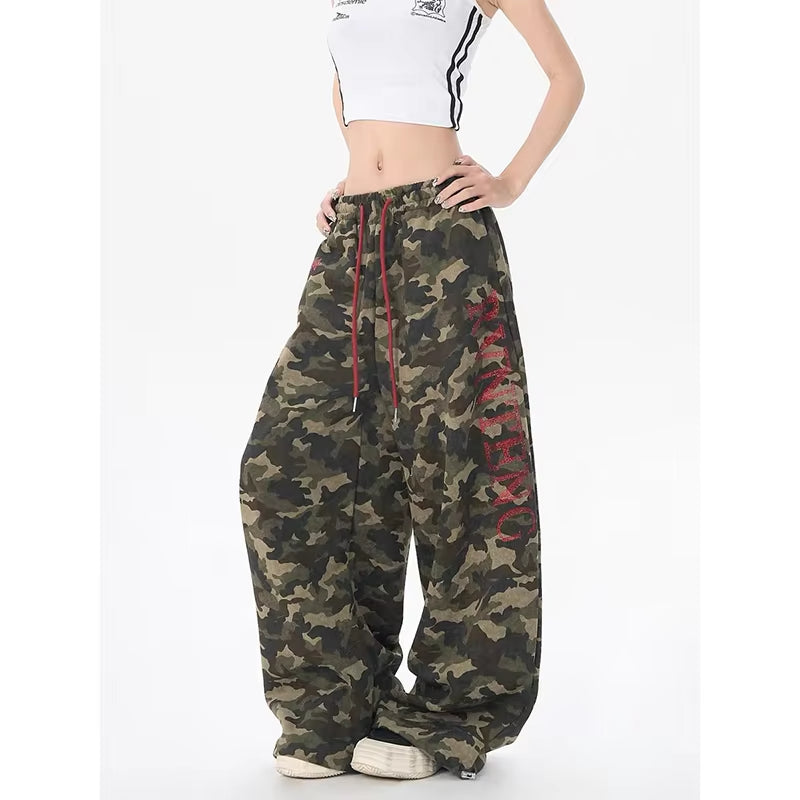 YIBASHU American Retro 2000s Camouflage Letter Pants Women's Autumn Winter Loose Wide Leg Jazz Hip-hop Dance Sports Pants