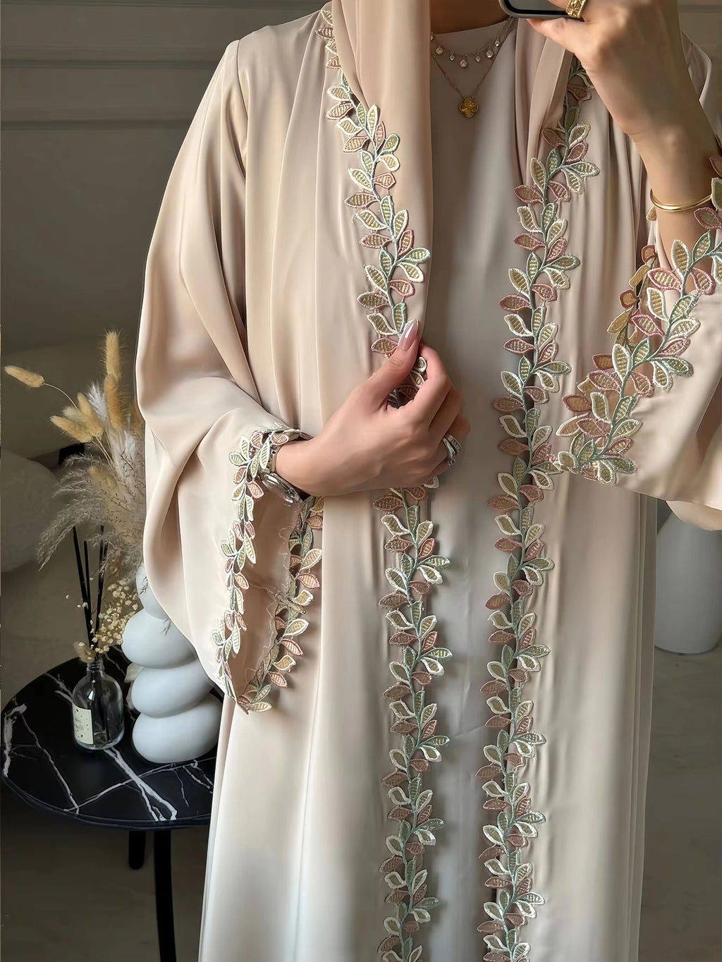 Elegant Beige Embroidered Abaya – Dubai Style Modest Dress with Multicolor Floral Detail for Women