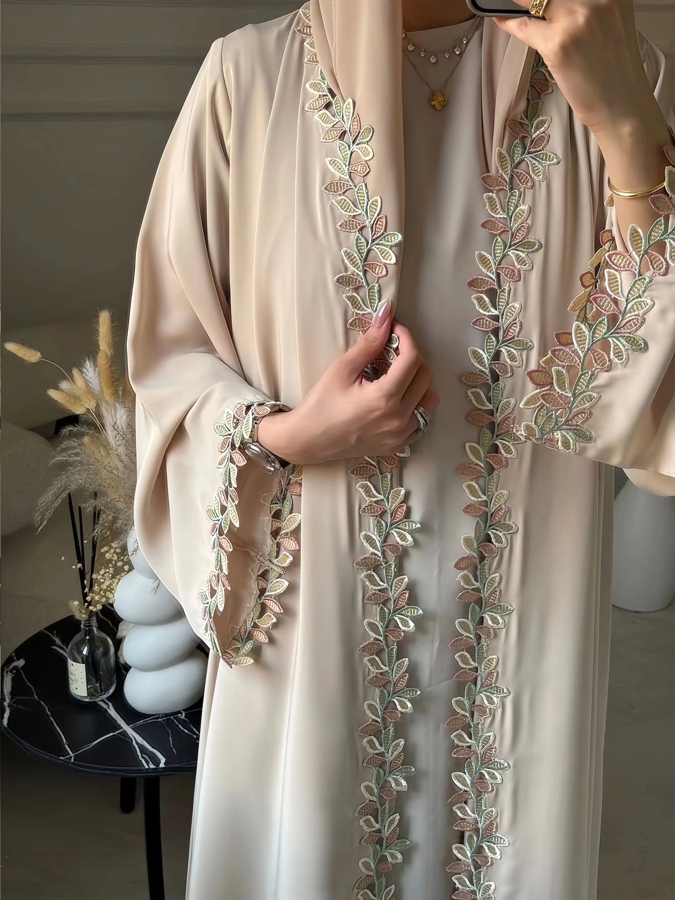 Elegant Beige Embroidered Abaya – Dubai Style Modest Dress with Multicolor Floral Detail for Women