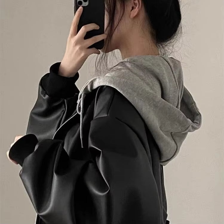 Korean High-end Black PU Leather Jacket Women Fashion Hooded Loose Spring Autumn Zipper Fake Two-Piece Versatile Outerwear