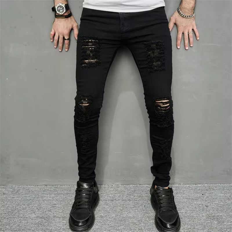 Men Jeans Ankle Length Hole Vintage Ripped Pencil Pants Denim Skinny Pockets Distressed Slim Moto Biker Solid Washed