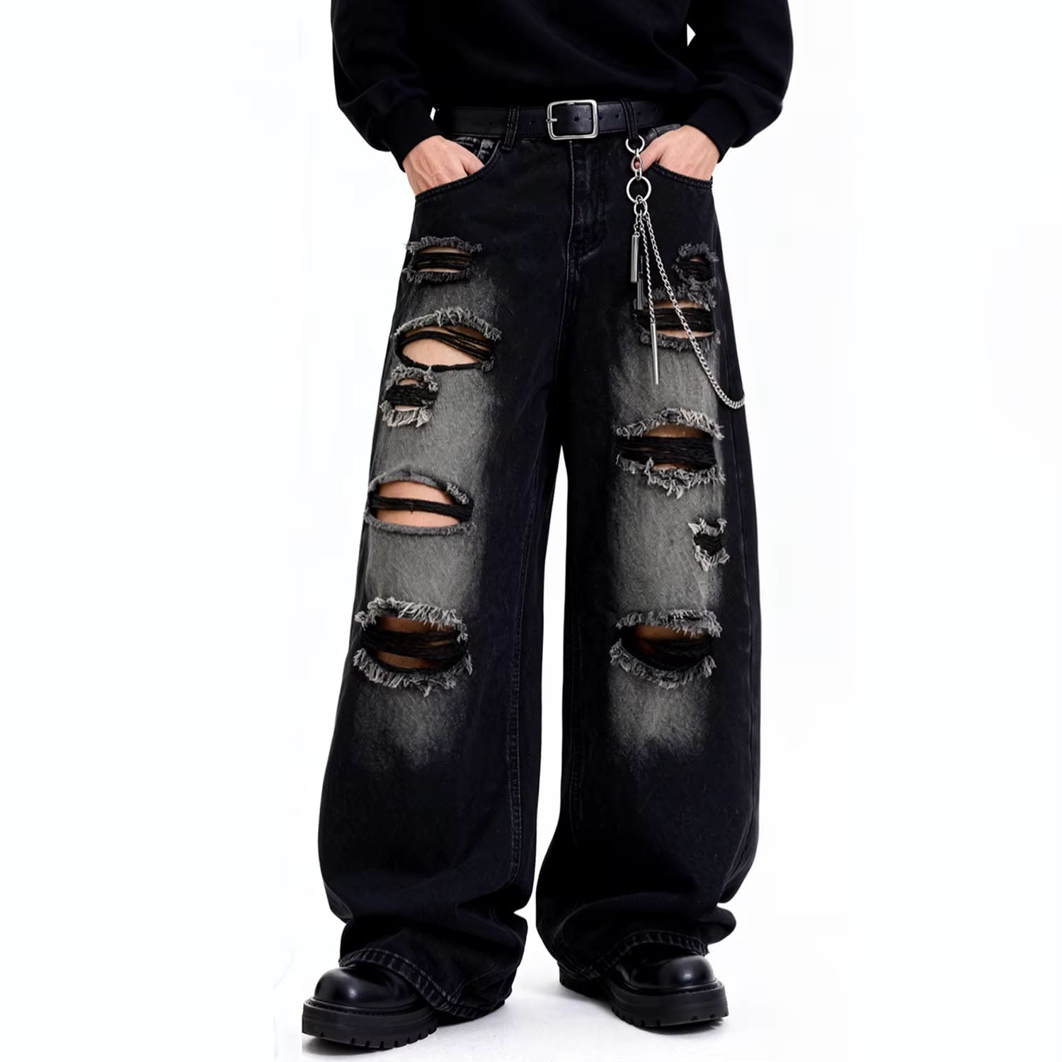 American Street Retro Men's Black Baggy Wide Leg Ripped Jeans Gothic Tear Style Unisex Loose Straight Leg Denim Pants Clothes