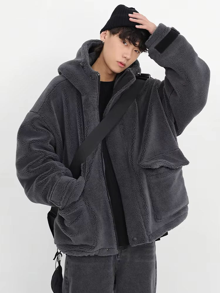 Mauroicardi Winter Thick Warm Oversized Dark Grey Sherpa Jacket Men with Hood Zip Up Fluffy Loose Casual Faux Lamb Fur Coat 2026