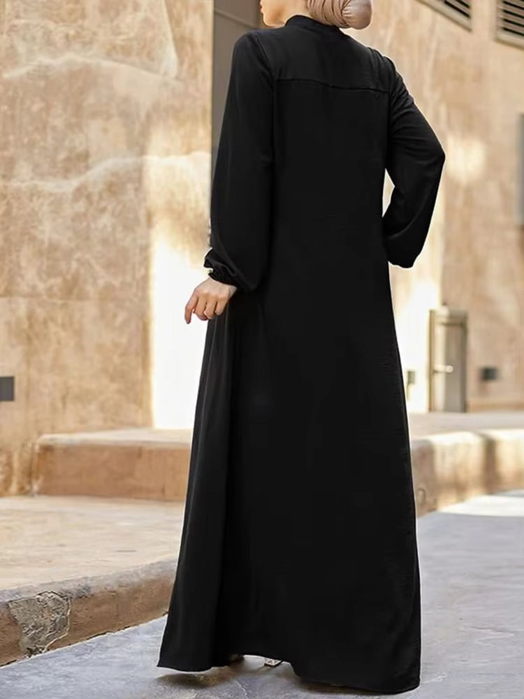 Elegant Black Abaya Dress – Stand Collar Long Sleeve Modest Maxi with Zipper Pocket, Loose Casual Islamic Wear