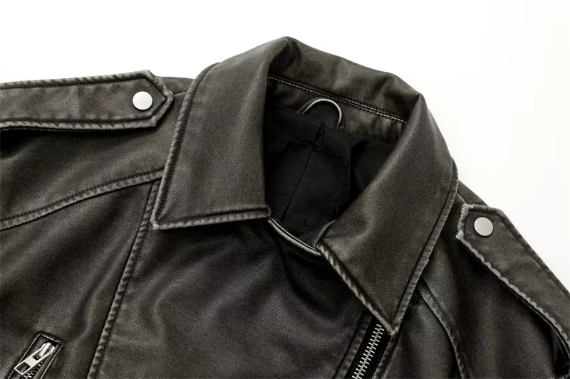 2026 New Coal graysty le Women's washed leather jacket with belt, short coat with downgraded zipper and vintage lapel jacket