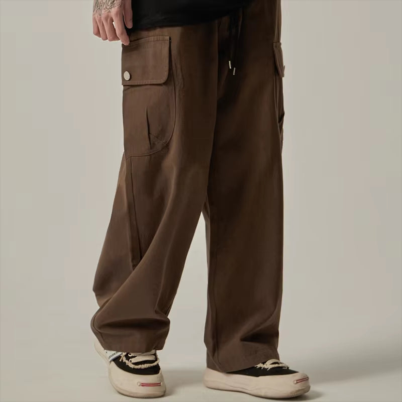 Men's Sweatpants 2026 Spring Autumn Vintage Japanese Wide Leg Straight Loose Button Big Pockets Cargo Pants Drawstring Trousers