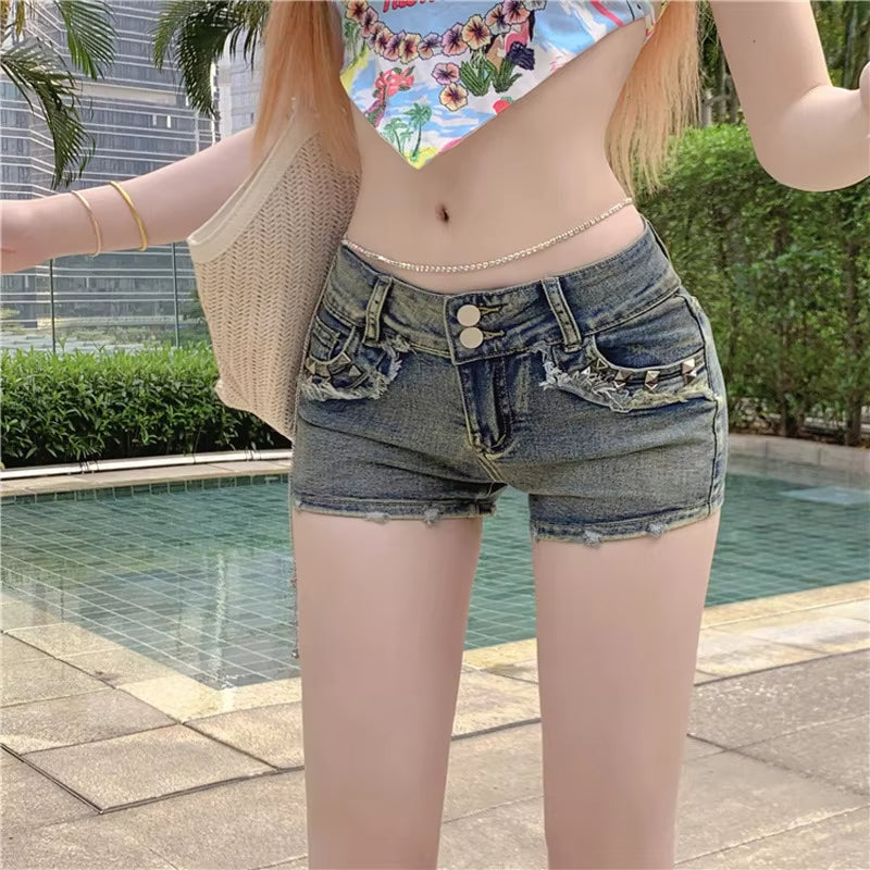 American Retro Low Waist Denim Shorts Women Summer Slim Fit High Street Hot Pants Girl Elastic Wrapped Cowboy Jeans
