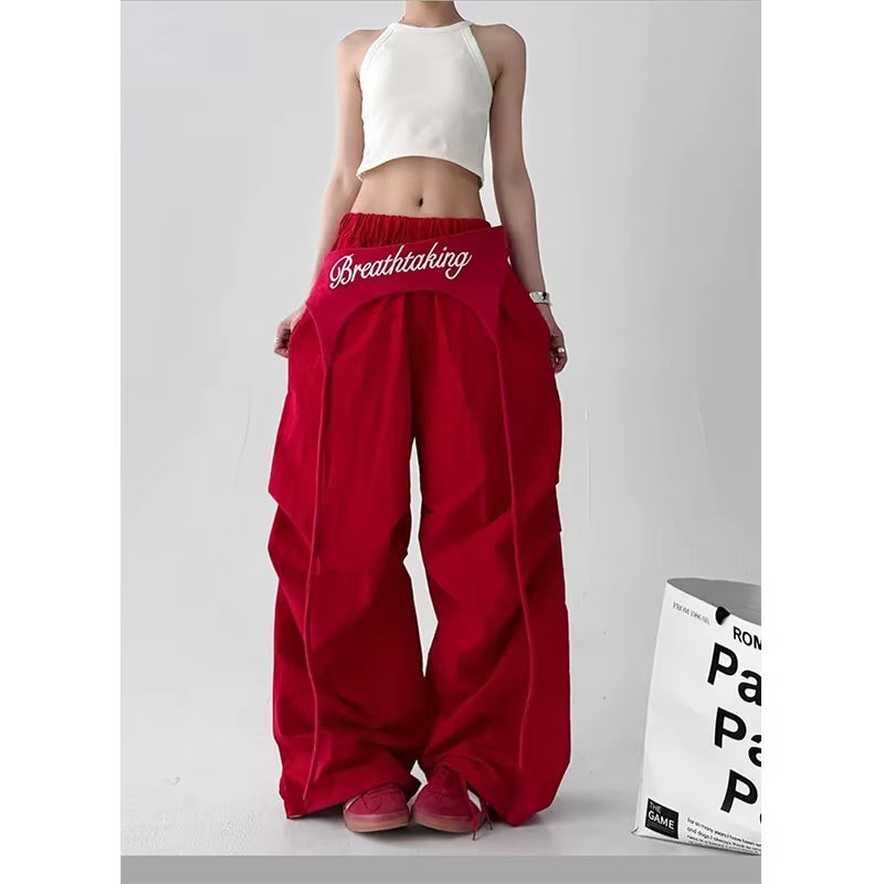 Korean Cargo Pants Women Streetwear Letter Print Baggy Sweatpants Gyaru Harajuku Wide Leg Joggers Summer Casual Trousers