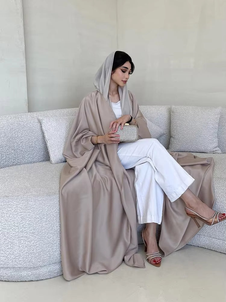 Elegant Satin Abaya for Women – Bat Sleeve Hooded Long Robe, Loose Modest Middle Eastern Kaftan Coat