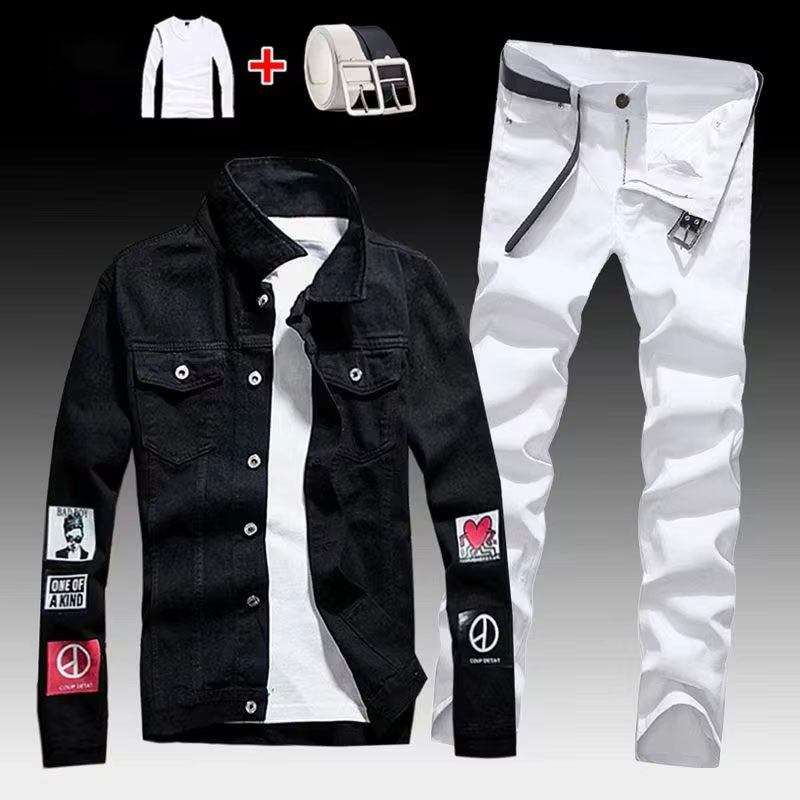 Men's Black Denim Jacket and White Pants Set, Slim Fit Casual Streetwear Outfit with Patch Detail