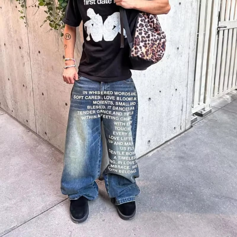 American retro patterned alphabet men jeans personalized street clothing goth men and women fashion casual pants
