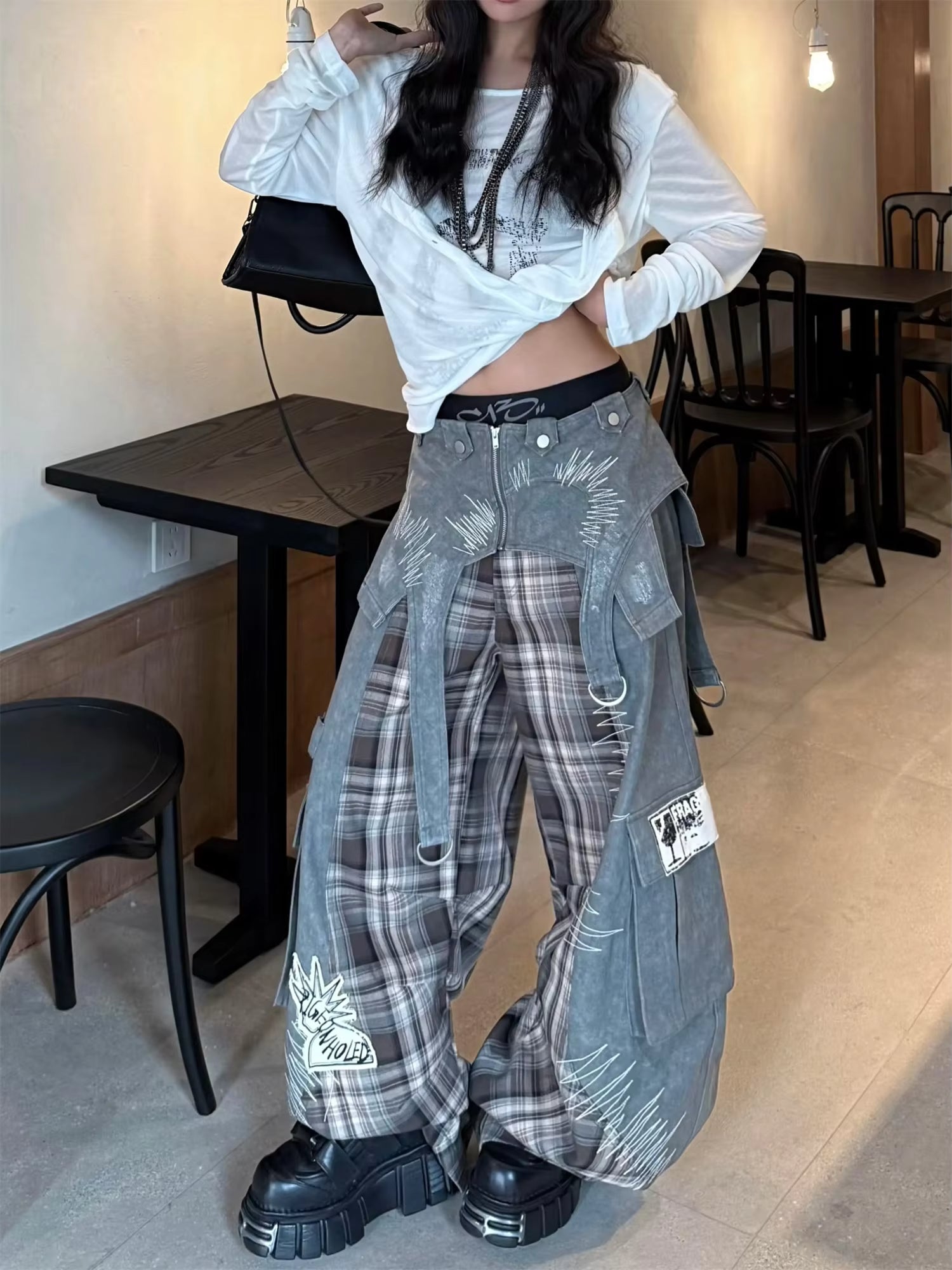 Women's Streetwear Patchwork Plaid Denim Pants Wide Leg with Graphic Print Cargo Trousers Casual Hip Hop Fashion Pants