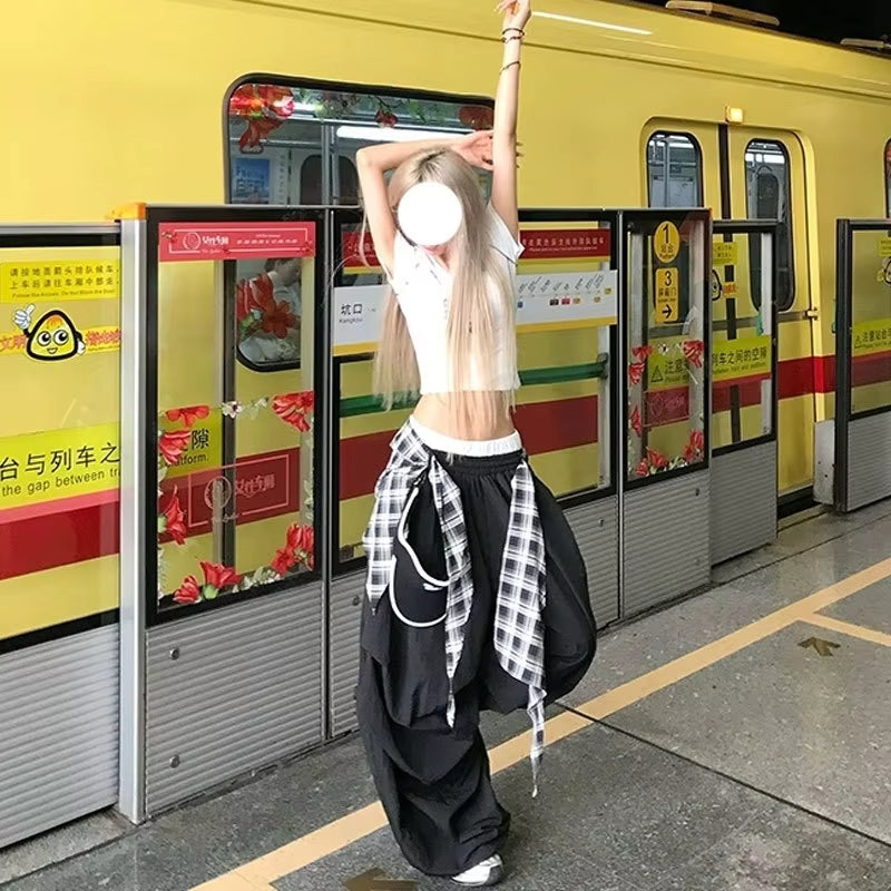 Black Cargo Pants Women Streetwear Plaid Patchwork Baggy Sweatpants Harajuku Wide Leg Joggers Summer Korean Casual Trousers