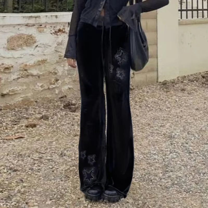 Rhinestones Star Velvet Flared Pants Aesthetic High Waist Baggy Sweatpants Jogging Casual Basic Boot Cut Trousers