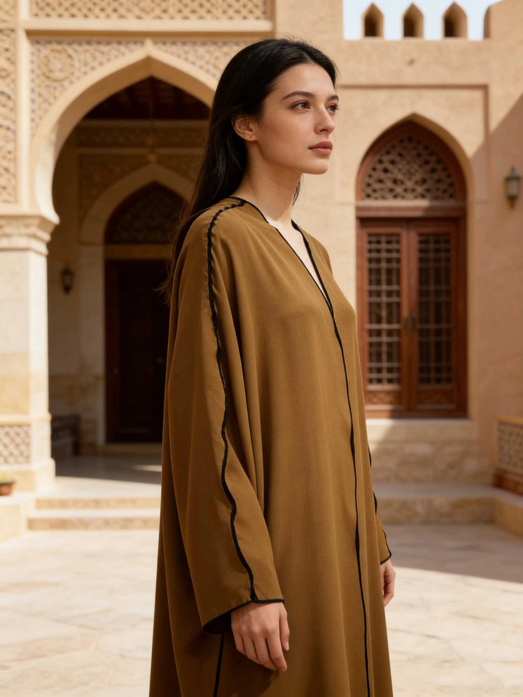 Caramel Brown Satin Abaya With Black Trim Batwing Sleeve Women Muslim Moroccan Kaftan Ramadan Jalabiya Islam Dubai Arabic Robes