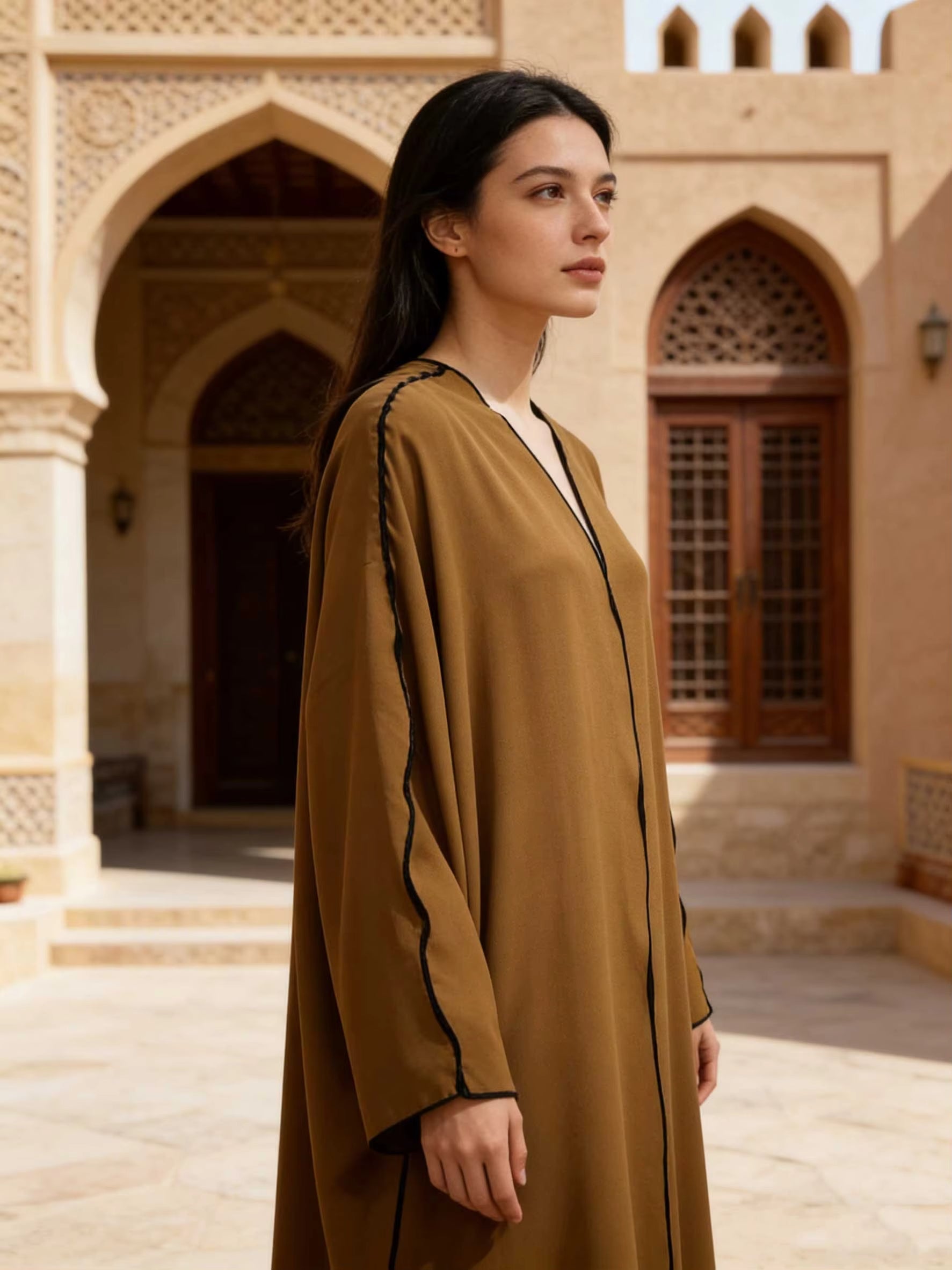 Caramel Brown Satin Abaya With Black Trim Batwing Sleeve Women Muslim Moroccan Kaftan Ramadan Jalabiya Islam Dubai Arabic Robes