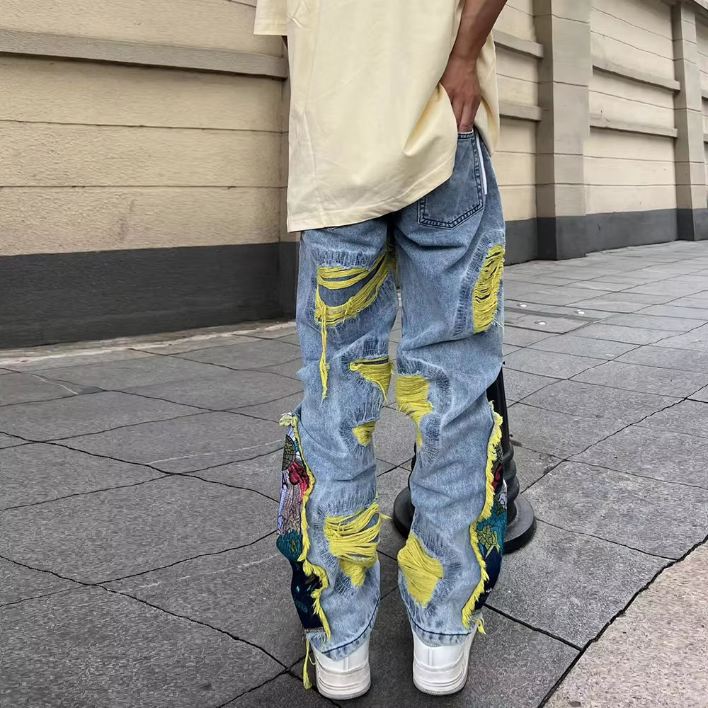 Chinese Painting Embroidered Patch Denim Ripped Jeans for Men Streetwear Pleated Tassels Distressed Destroyed Jean Straight Male