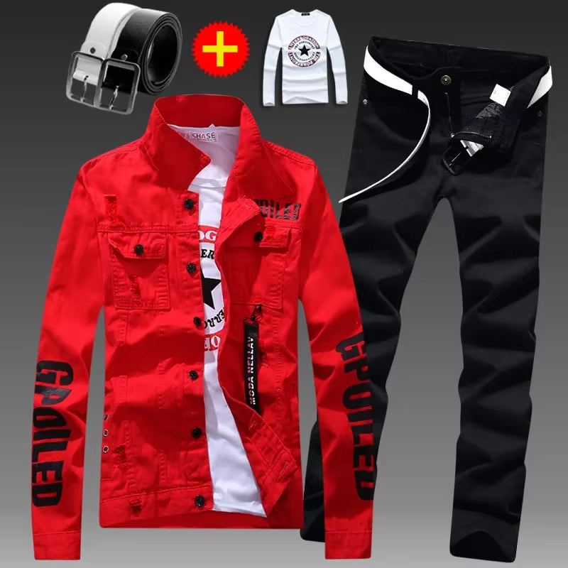 Men Slim Fit Red Denim Jacket and Jeans Set, Slim Fit Jeans for Men, Streetwear Casual Suit, Printed Outfit