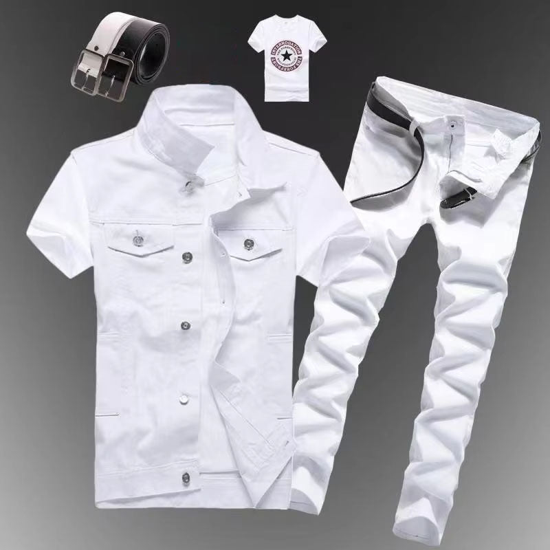 2pcs Set Mens Boys Casual Denim Vest Sleeveless Waistcoat -Jeans Pants Trousers for Summer Autumn Spring Free Send Tshirt Belt