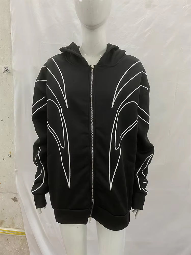 Street Retro Fashion Clothing Striped Embroidered Black Double Zipper Hoodie American Hip-hop Punk Oversized Sweatshirt