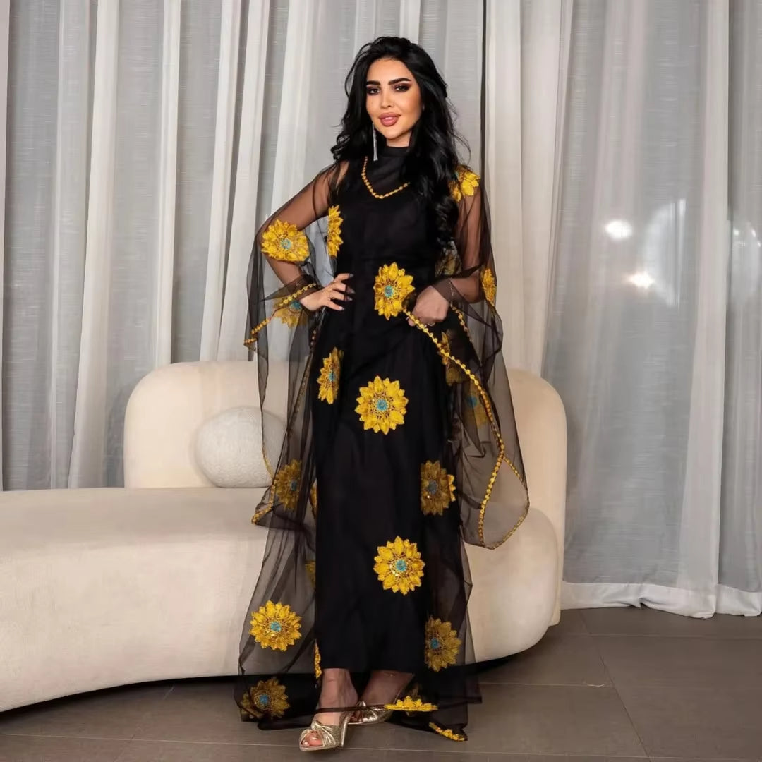 Elegant Black Kaftan Abaya Dress – Floral Embroidery Evening Gown for Women, Modest Maxi Prom Dress Plus