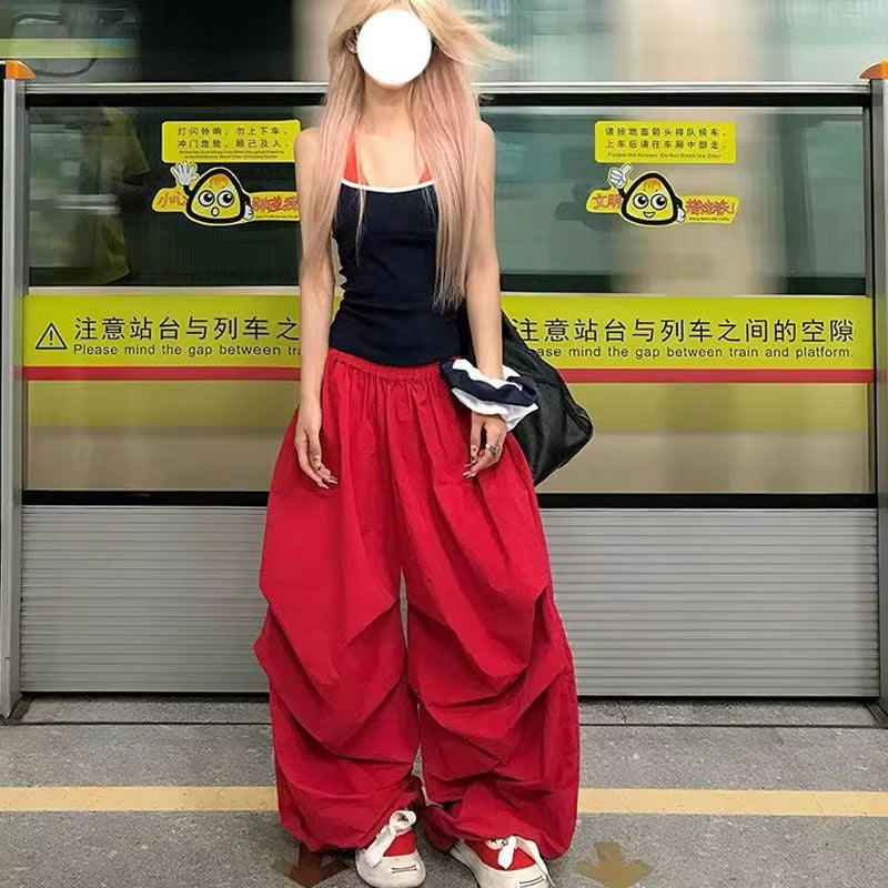 MEXZT Red Cargo Pants Women Harajuku Baggy Sweatpants Streetwear Wide Leg Joggers Summer Gyaru Korean Casual Trousers New