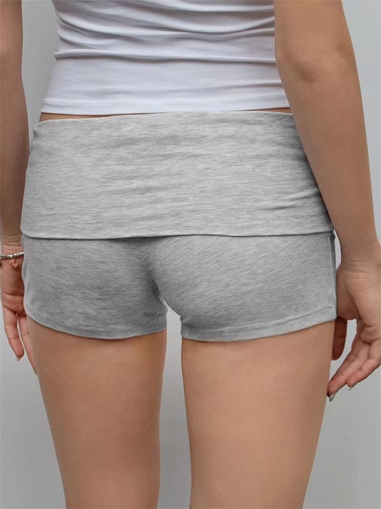 Women's Summer Shorts Slim Sporty Fitness Short Pants Solid Color Fold Over Low Waist Lounge Shorts Casual
