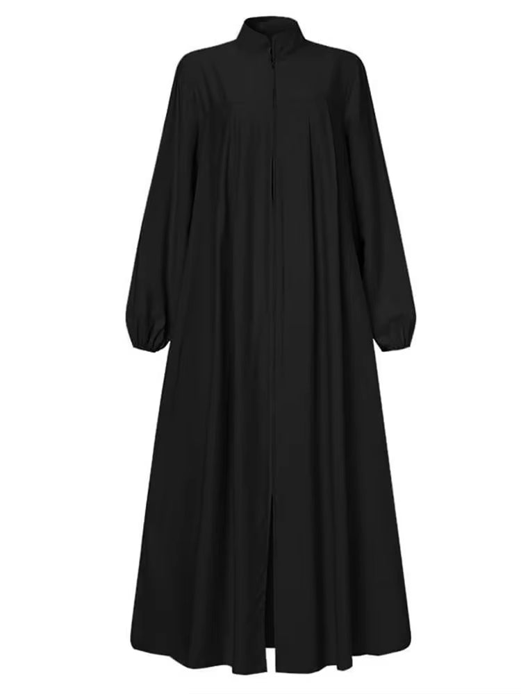 Elegant Black Abaya Dress – Stand Collar Long Sleeve Modest Maxi with Zipper Pocket, Loose Casual Islamic Wear