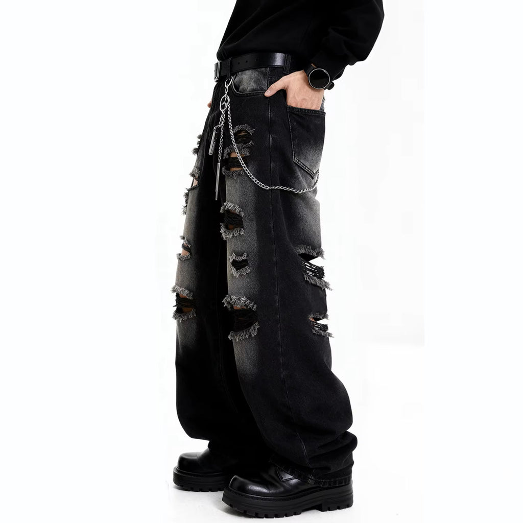 American Street Retro Men's Black Baggy Wide Leg Ripped Jeans Gothic Tear Style Unisex Loose Straight Leg Denim Pants Clothes