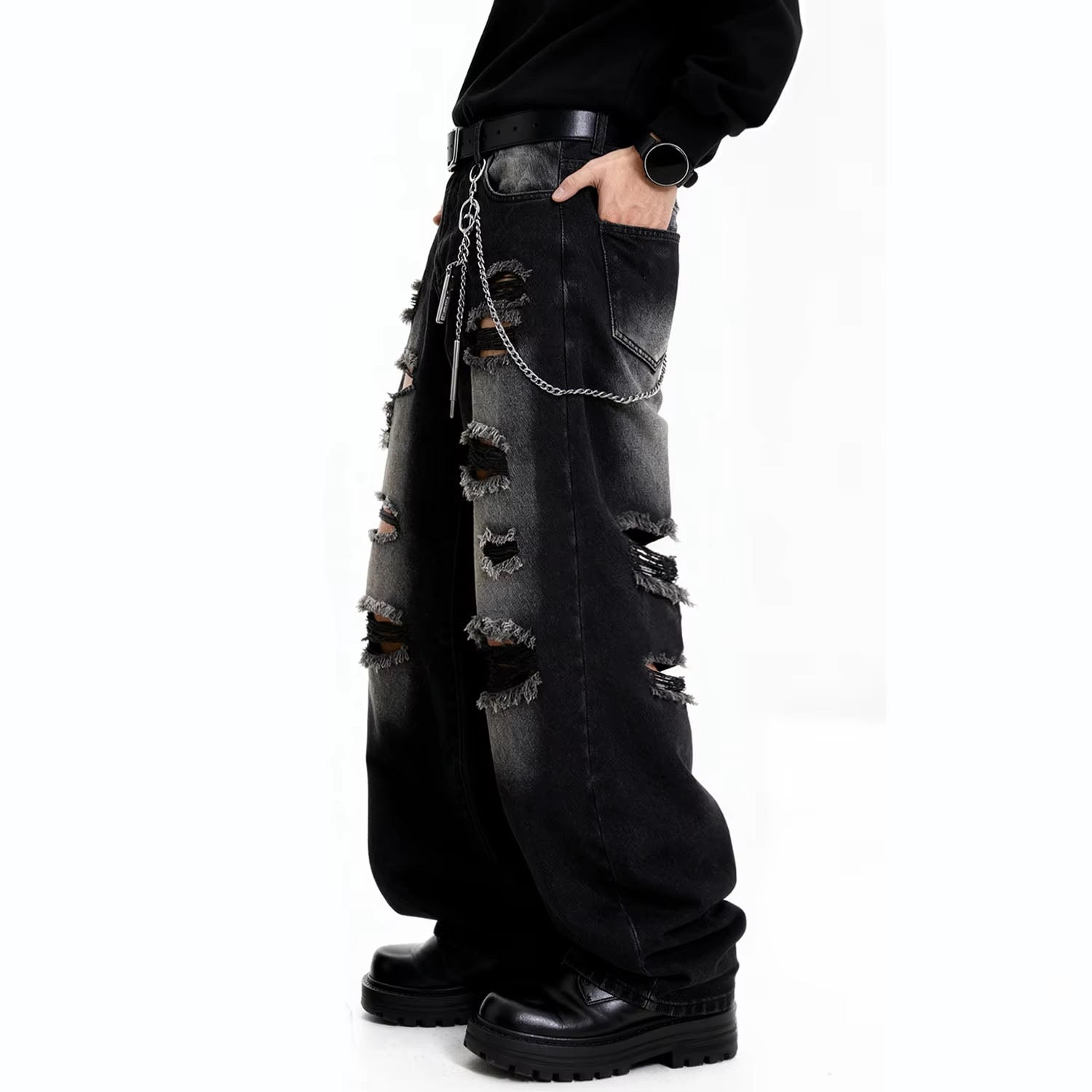 American Street Retro Men's Black Baggy Wide Leg Ripped Jeans Gothic Tear Style Unisex Loose Straight Leg Denim Pants Clothes
