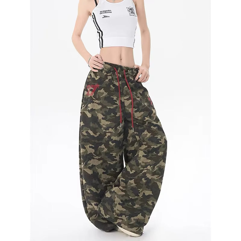 YIBASHU American Retro 2000s Camouflage Letter Pants Women's Autumn Winter Loose Wide Leg Jazz Hip-hop Dance Sports Pants