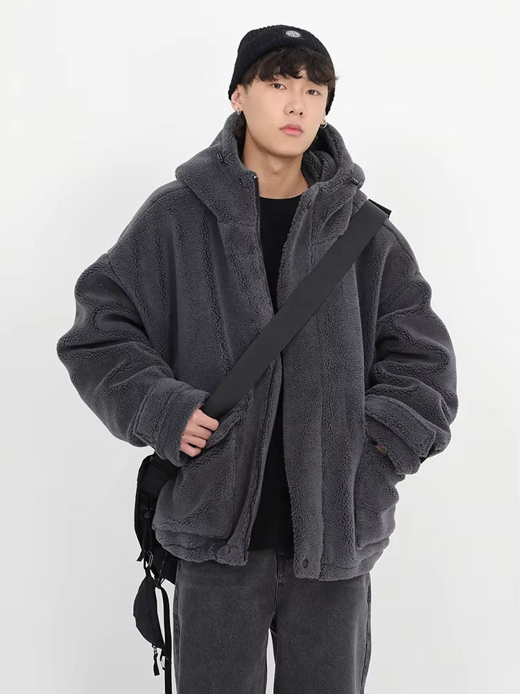 Mauroicardi Winter Thick Warm Oversized Dark Grey Sherpa Jacket Men with Hood Zip Up Fluffy Loose Casual Faux Lamb Fur Coat 2026