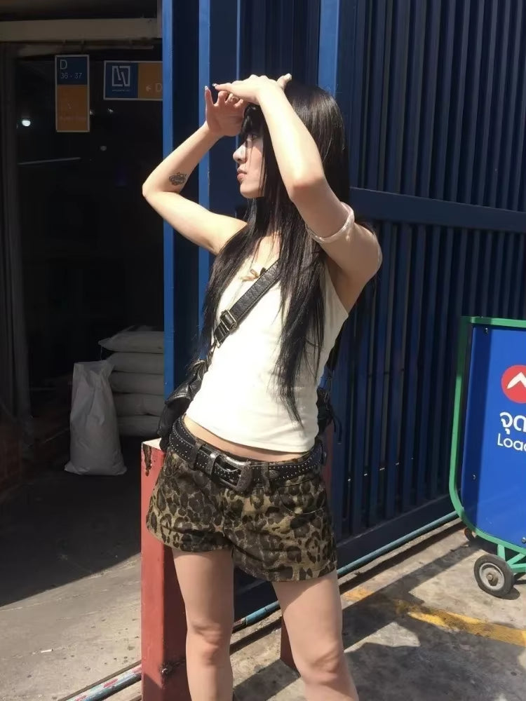 HOUZHOU Sexy Leopard Printed Denim Shorts Women Vintage Low Waist Gyaru Streetwear Summer 2026 Chic Female Retro Short Jeans