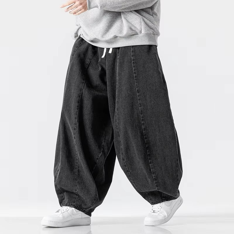 2025 New Men's Pants Large Japanese Retro Loose Haren Straight Leg Pants Hong Kong Style Wide Leg Cowboy Lantern Pants