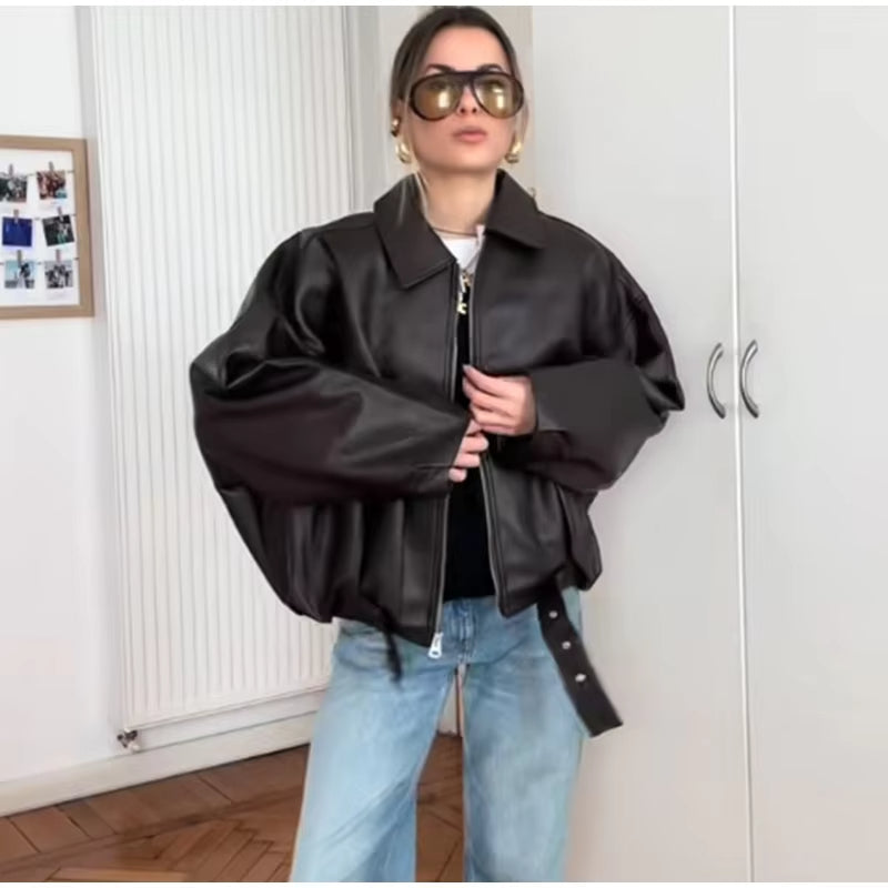 Vintage PU Leather Bomber Jackets 2026 Autumn New Ladies Zipper Lapel Long Sleeve Pocket Coat With Belt Women's Loose Streetwear