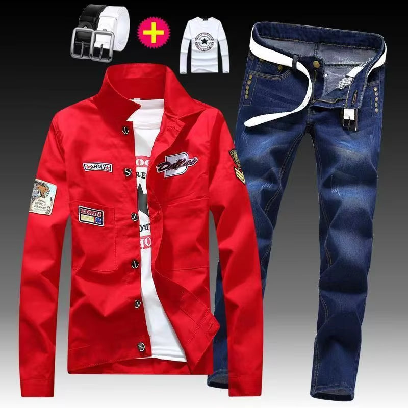 Men's Red Denim Jacket and Blue Jeans Set, Slim Fit Casual Streetwear Outfit with Patch Detail