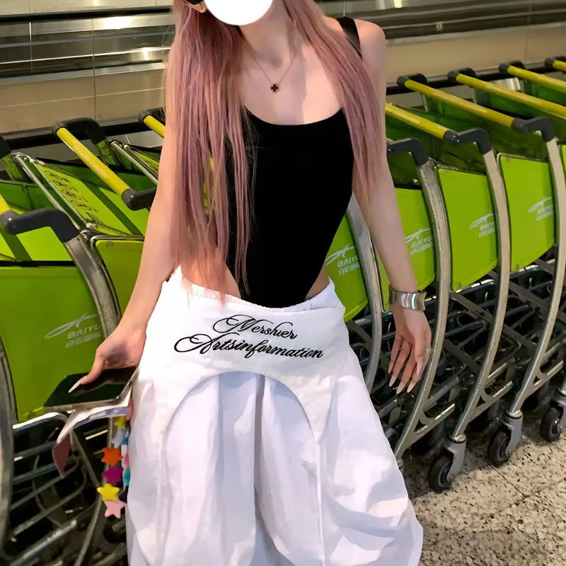 MEXZT White Cargo Pants Women Streetwear Embroidery Baggy Sweatpants Harajuku Wide Leg Joggers Summer Oversized Trousers New
