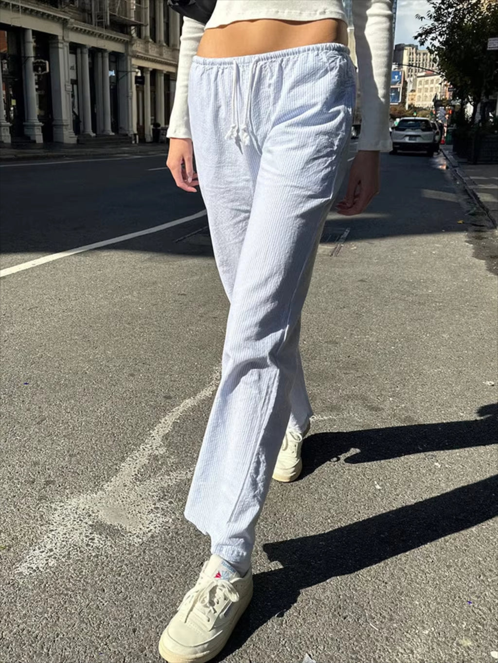 Blue Stripes Drawstring Long Pant Autumn High Waist Casual Loose Trouser Woman Streetwear Preppy Style Sweet Cute Straight Pants