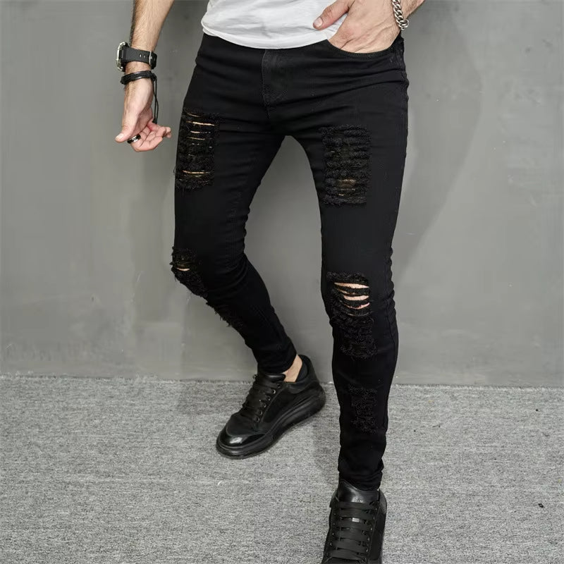 Men Jeans Ankle Length Hole Vintage Ripped Pencil Pants Denim Skinny Pockets Distressed Slim Moto Biker Solid Washed