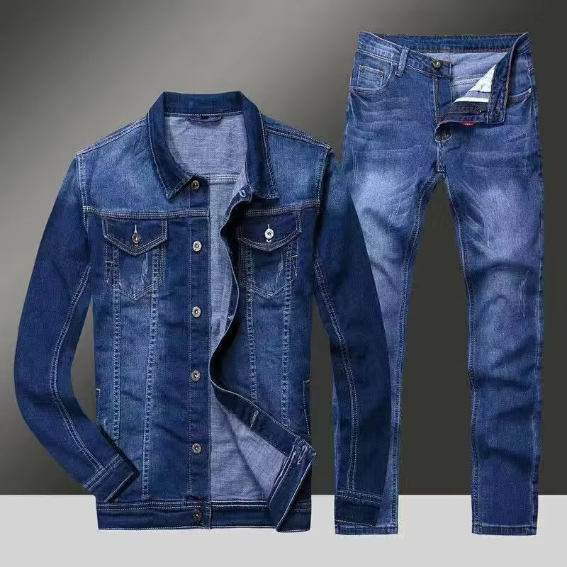 Men's Dark Blue Denim Jacket and Slim Fit Jeans Set, Casual 2 Piece Streetwear Outfit