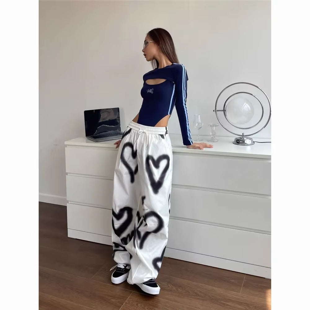 Love Graffiti Wide Leg Pants Women Elastic High Waist Streetwear Loose Drawstring Jogging Trousers Korean Casual Sweatpants