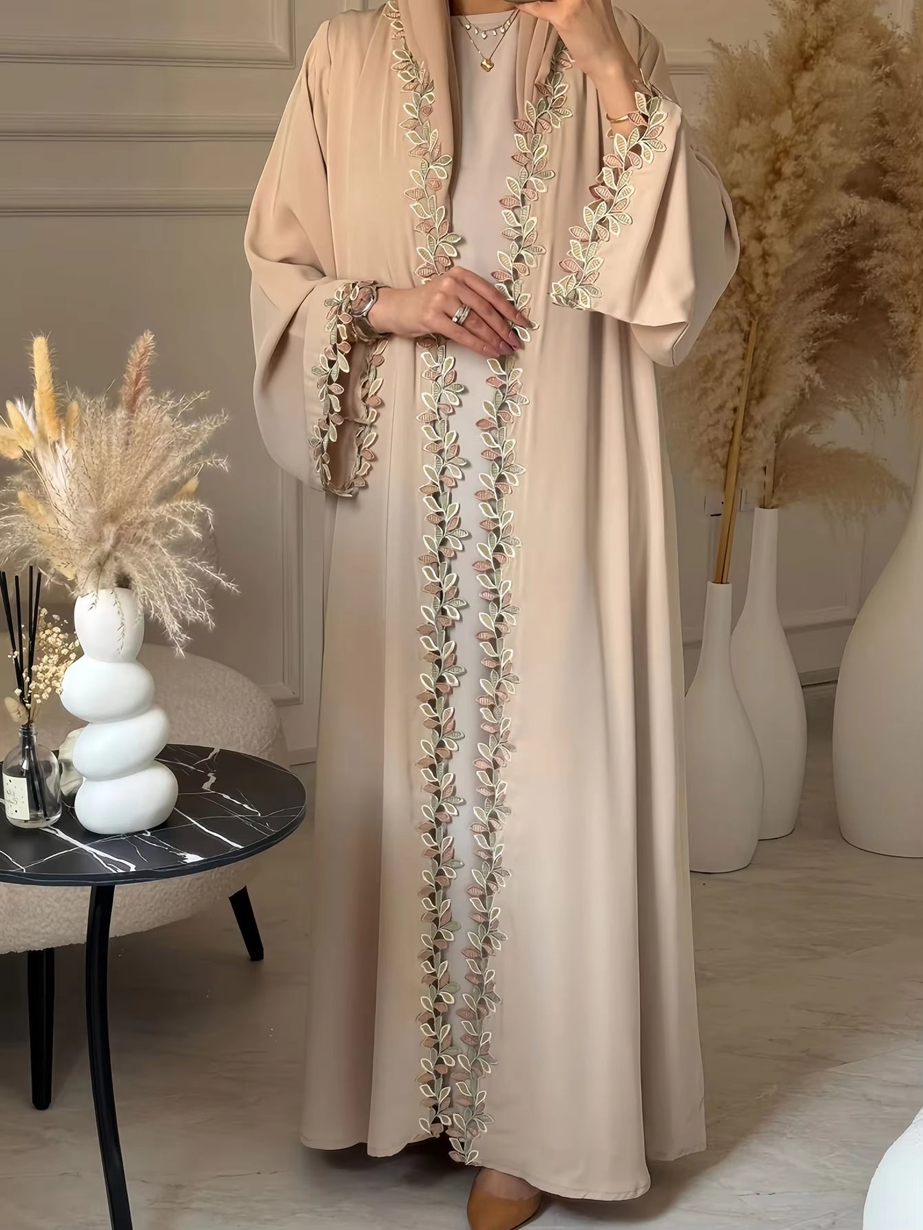 Elegant Beige Embroidered Abaya – Dubai Style Modest Dress with Multicolor Floral Detail for Women