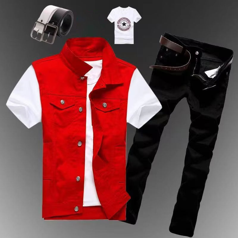 2pcs Set Mens Boys Casual Denim Vest Sleeveless Waistcoat -Jeans Pants Trousers for Summer Autumn Spring Free Send Tshirt Belt