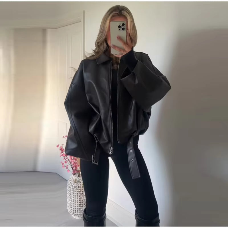 Vintage PU Leather Bomber Jackets 2026 Autumn New Ladies Zipper Lapel Long Sleeve Pocket Coat With Belt Women's Loose Streetwear