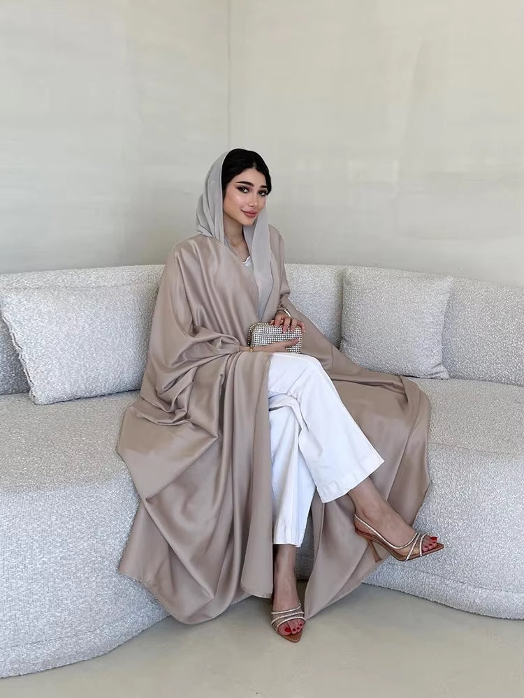 Elegant Satin Abaya for Women – Bat Sleeve Hooded Long Robe, Loose Modest Middle Eastern Kaftan Coat