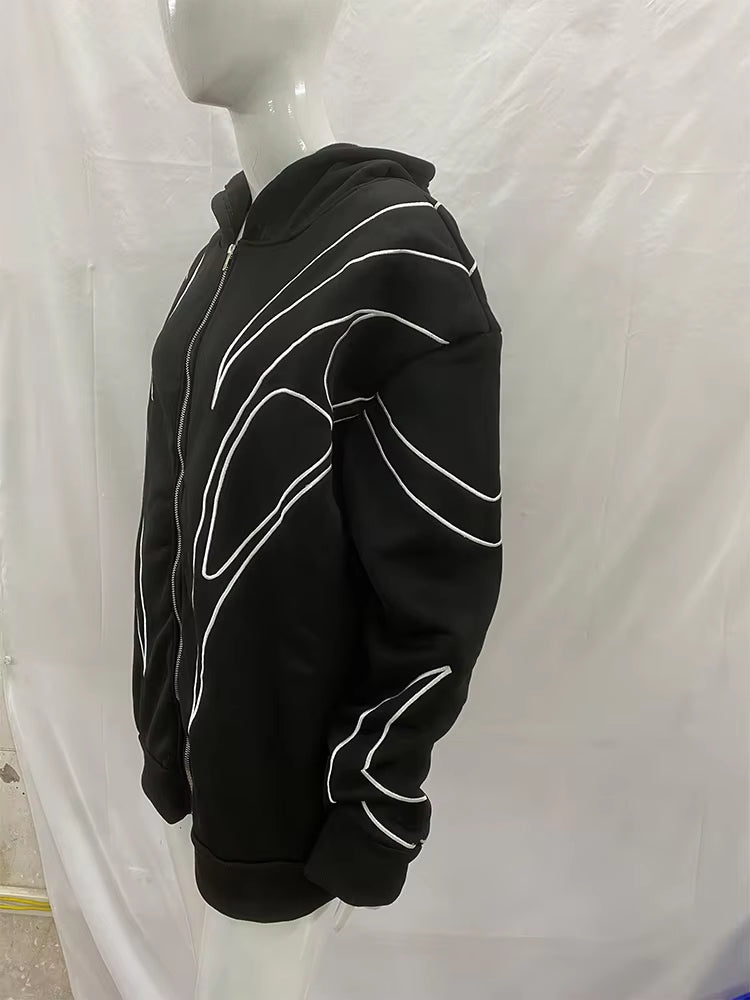 Street Retro Fashion Clothing Striped Embroidered Black Double Zipper Hoodie American Hip-hop Punk Oversized Sweatshirt