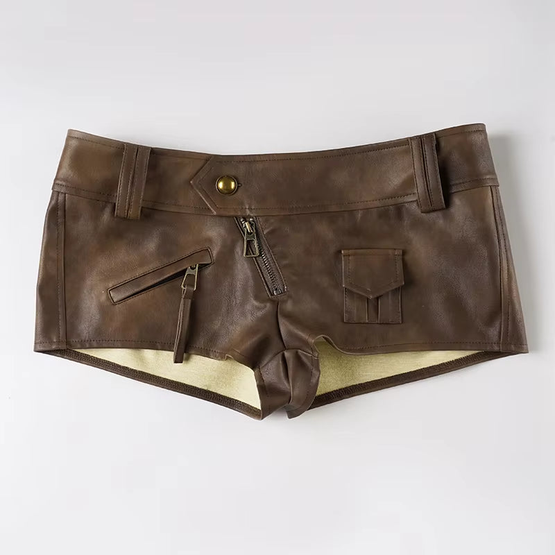 Vintage Pu Leather Low-Waisted Shorts Sexy Slim Zip Pocket Super Mini Shorts Women 2026 Party Clubwear Streetwear Bottoms