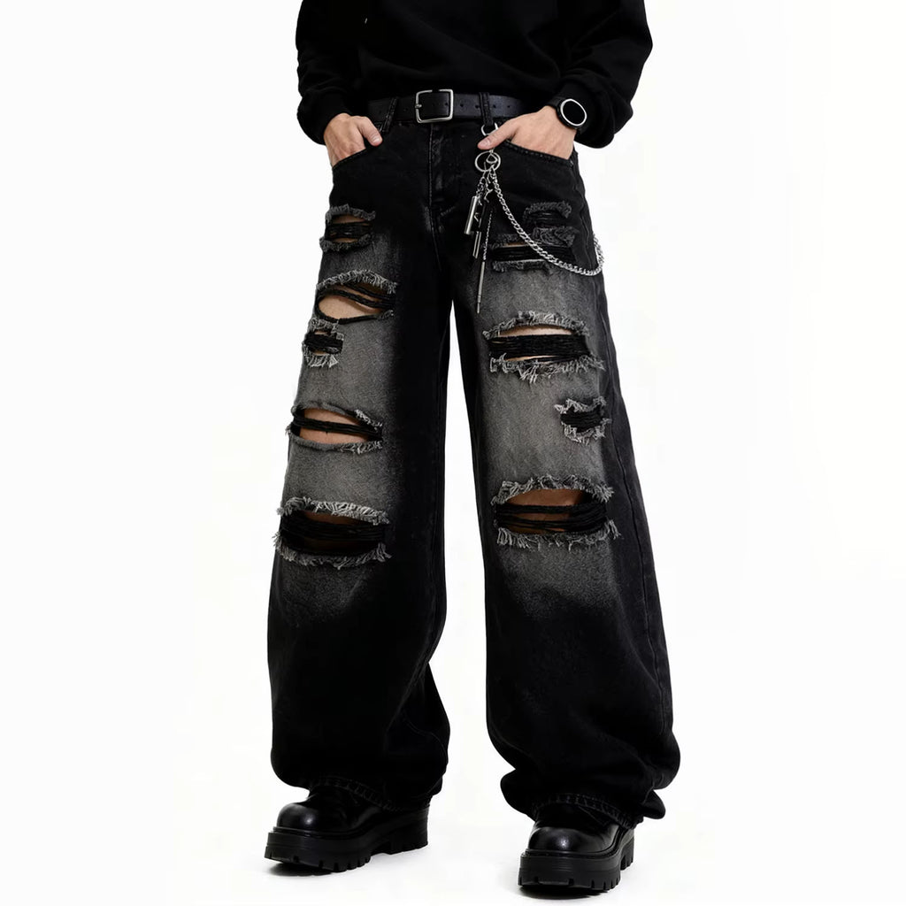 American Street Retro Men's Black Baggy Wide Leg Ripped Jeans Gothic Tear Style Unisex Loose Straight Leg Denim Pants Clothes
