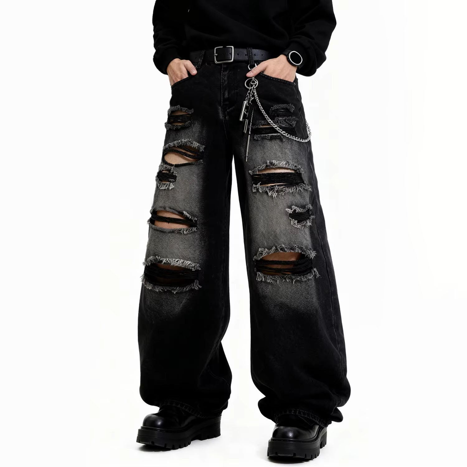 American Street Retro Men's Black Baggy Wide Leg Ripped Jeans Gothic Tear Style Unisex Loose Straight Leg Denim Pants Clothes