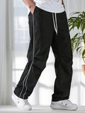 Men's Regular Plain Sports Straight Pants with Drawstrings and Elastic Waistband, Reflective Webbing Design, Suitable for